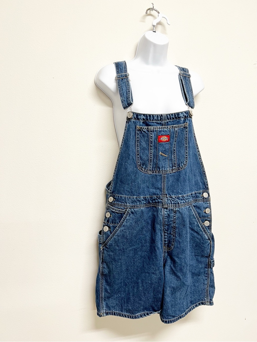Dickies Womens Medium Wash Classic Denim Roll Hem Shortall Size Large - Picture 2 of 8